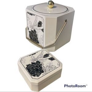 Vintage Mid Century Laquer Ware Ice Bucket and Coasters. Black and white floral.